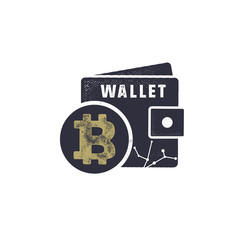 Bitcoin wallet emblem. Crypto currency label and concept. Digital assets logo. Vintage han drawn monochrome design. Technology patch. Stock vector illustration isolated on white