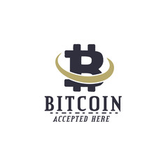Bitcoin Accepted emblem. Crypto currencies label and concepts. Digital assets logo. Vintage han drawn monochrome design. Technology patch. Stock vector illustration isolated on white