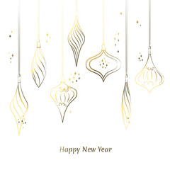 Christmas decorations. Gold balls and icicles. New Year`s vector background.  Celebration. Winter. 
