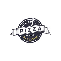 Italian Pizza for Bitcoin emblem. We accept BTC logo design. Digital assets for real goods concept. Vintage hand drawn style. Stock vector illustration isolated on white background