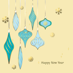 Christmas decorations. Blue icicles. Gold. New Year`s vector background. Snowflakes. Celebration. Winter. Snow.