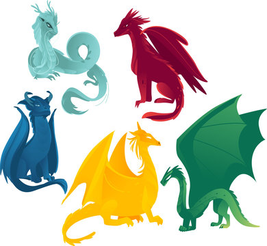 vector flat cartoon colored blue, red yellow and green majestic mythical dragons set. Isolated illustration on a white background.