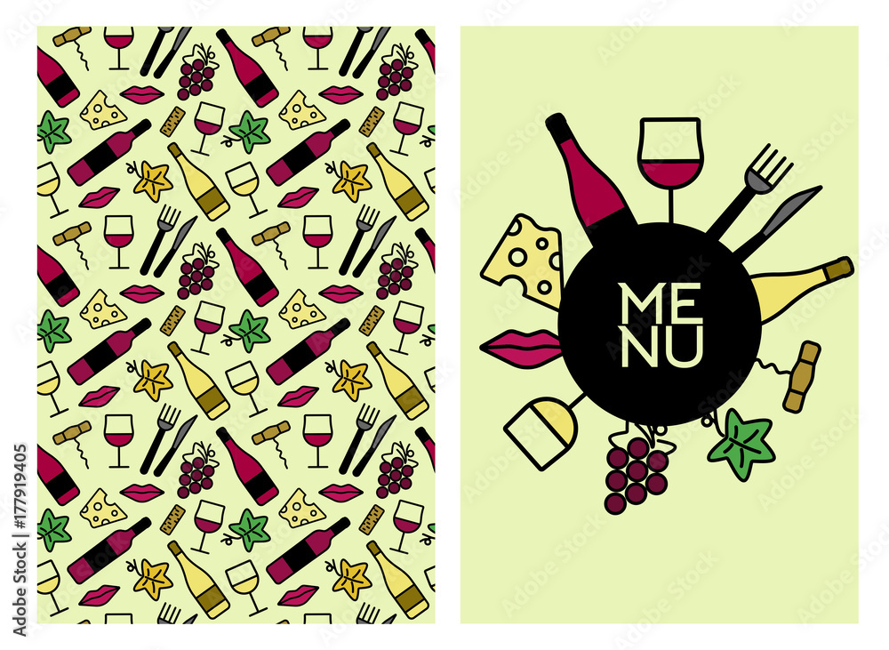 Poster template design with wine icons pattern background. idea for your food and drink designs.