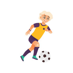 Fototapeta na wymiar vector cartoon stylized young teen boy playing football. Male man athlete insport clothing, boots and watches smiling. Isolated illustration on a white background.
