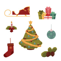 Set of Christmas icons decorated Xmas tree, stocking, present box, sleigh and decoration elements, cartoon vector illustration isolated on white background. Cartoon set of Christmas decorations