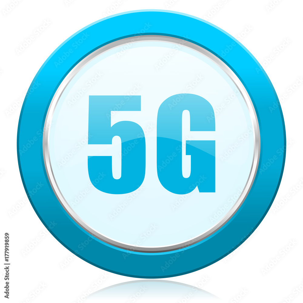 Poster 5g blue chrome silver metallic border web icon. round button for internet and mobile phone applicati