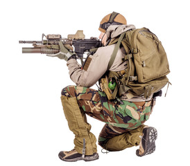 Soldier with rifle isolated on a white background. war, army, weapon and people concept.