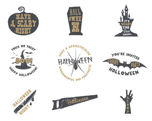 Set of halloween silhouette badges. Vintage hand drawn Halloween party logo design for celebrating holiday. Retro monochrome style. Stock isolated on white background