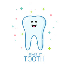 Smiling cartoon tooth character on white background. Oral hygiene. Teeth whitening and restoration. Dental health symbol. Human body medical concept. Vector illustration.