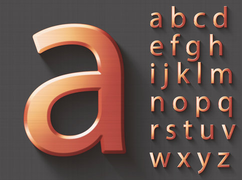 Set of copper 3D lowercase english letters. Copper metallic shiny font on gray background. Good typeset for technology and production concepts. Transparent shadow, EPS 10 vector illustration.