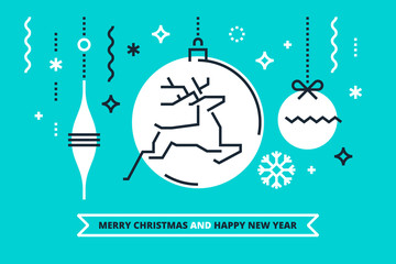 Cool flat linear Xmas illustration for banners, greeting cards and invitations. Merry Christmas and Happy New Year congratulation. Vector design.