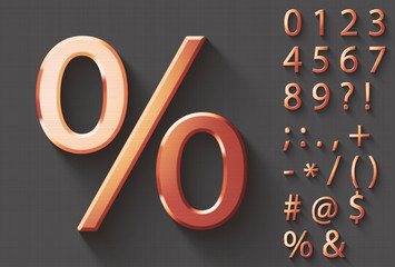 Set of polished copper 3D Numbers and Symbols. Copper metallic shiny symbol on gray background. Good set for technology and production concepts. Transparent shadow, EPS 10 vector illustration.
