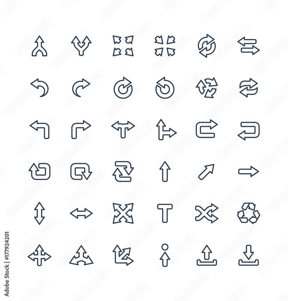 Poster vector thin line icons set and graphic design elements. illustration with arrows, direction and move