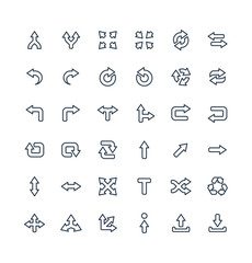 Vector thin line icons set and graphic design elements. Illustration with arrows, direction and move outline flat symbols. Turn left, merge, switch, undo, transfer, synchronizing linear pictogram