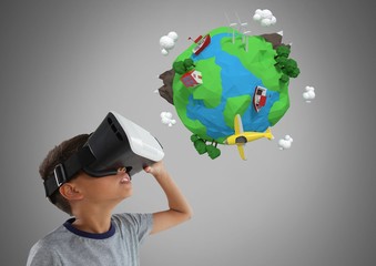Boy against grey background with virtual reality headset and 3D