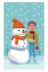 Boy with snowman cartoon icon vector illustration graphic design