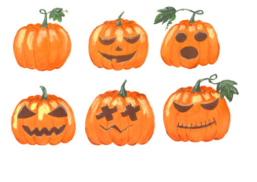 Collection of acrylic painted halloween punpkins isolated on white background