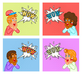 Open Mouth surprised customer male female characters shocked scream wow commercial business offer promotion poster set flat design line art vector illustration