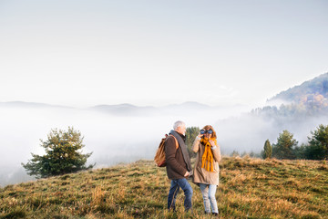 Obraz premium Senior couple on a walk in an autumn nature.