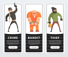 Crime, bandit, thief, criminal and convict banners cartoon vector elements for website or mobile app