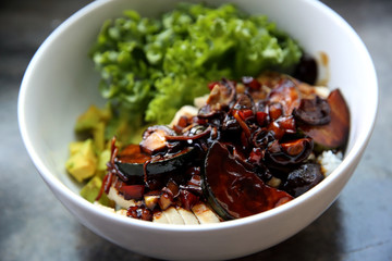 Clean food , breast chicken teriyaki with avocado