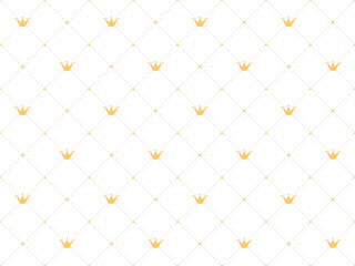  Seamless pattern in retro style with a  gold crown and pink polka dots on white background. Cute wallpaper for little princesses.