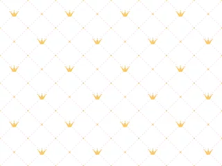 Foto op Plexiglas Meisjeskamer Naadloze patroon in retro stijl met een gouden kroon en roze polka dots op witte achtergrond. Leuk behang voor kleine prinsessen.