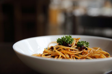 Spaghetti with chilli and garlic , spaghetti peperoncino , Italian food
