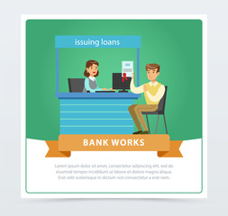 Male client consulting at credit manager at the bank office, bank works banner for advertising brochure, promotional leaflet poster, presentation flat vector element for website or mobile app