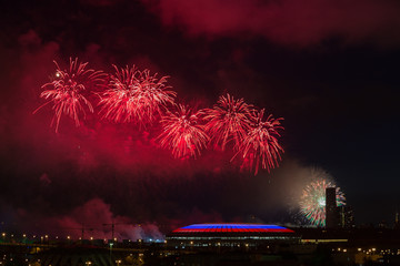 Red fireworks over Luzhniki stadium , Moscow