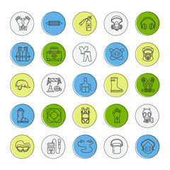 Fototapeta premium Personal protective equipment line icons. Gas mask, ring buoy, respirator, bump cap, ear plugs and safety work garment. Health protection thin linear signs.