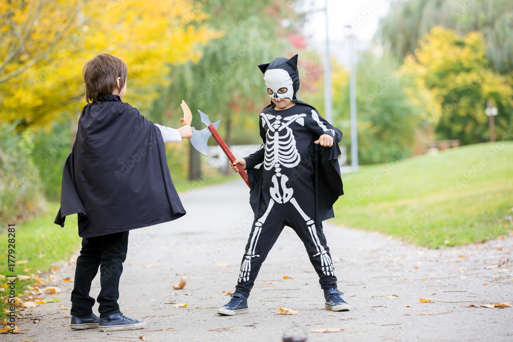 Wall mural Two children, boy brothers in the park with Halloween costumes