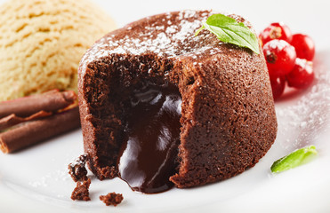 Chocolate lava cake with ice cream in close up