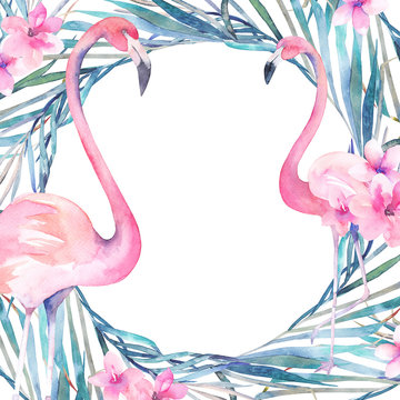 Watercolor frame with tropical jungle leaves and pink flamingo.Hand drawn aloha illustration