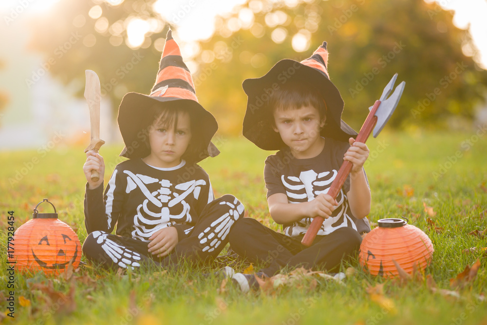 Poster Two children, boy brothers in the park with Halloween costumes