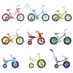 Obraz premium Various type of kids bikes set, colorful bicycles with different frame types vector Illustrations