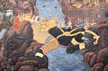 Ancient mural painting in Wat Phra Kaew in Grand Palace in Bangkok, Thailand