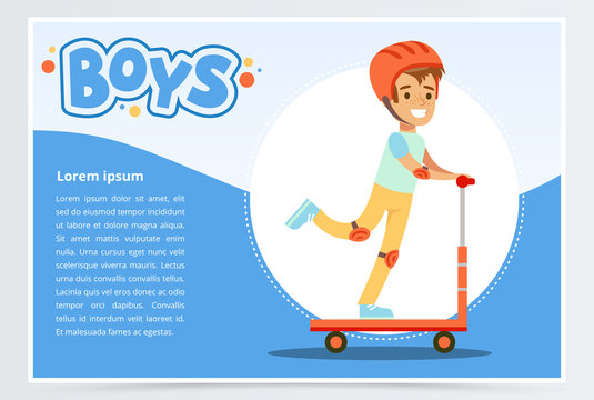 Boy riding kick scooter, boys banner for advertising brochure, promotional leaflet poster, presentation flat vector element for website or mobile app
