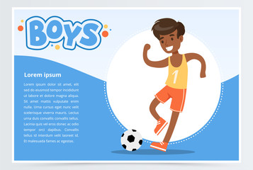 Smiling african boy plalying soccer, boys banner for advertising brochure, promotional leaflet poster, presentation flat vector element for website or mobile app