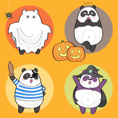 Vector Halloween Set of cute cartoon panda bear characters.
