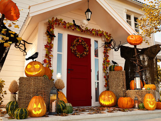 Fototapeta premium halloween decorated house with pumpkins. 3d rendering