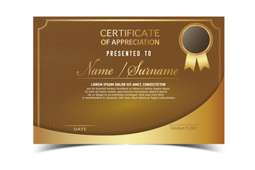 creative certificate  template for completion award   with golden shapes and badge.Clean and modern for diploma, official or different awards.Vector illustration