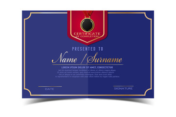 creative certificate  template for completion award   with golden shapes and badge.Clean and modern for diploma, official or different awards.Vector illustration