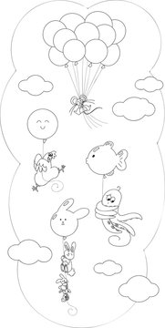 Coloring cartoon animals flying with balloons