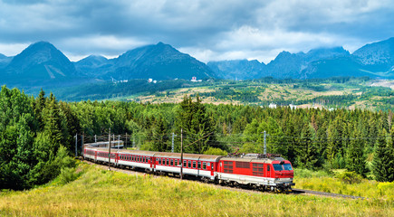 Fototapeta na wymiar Passenger train in the High Tatra Mountains, Slovakia