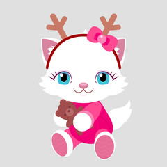 New Year. Cat with gift in Santa Claus costume and horns of deer. Christmas card.