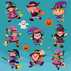 Vintage Halloween poster design with vector witch characters. 