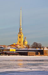Saint Petersburg. View from the frozen Neva River on Peter and Paul Fortress in a sunny winter afternoon