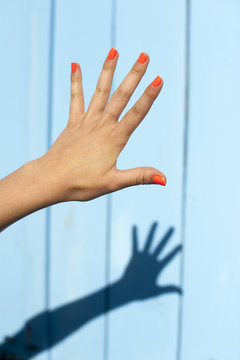 female hand against blue in sunlight