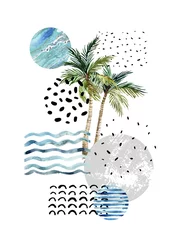 Rolgordijnen Kunst illustratie met palmboom, doodle en marmeren grunge texturen. © Tanya Syrytsyna